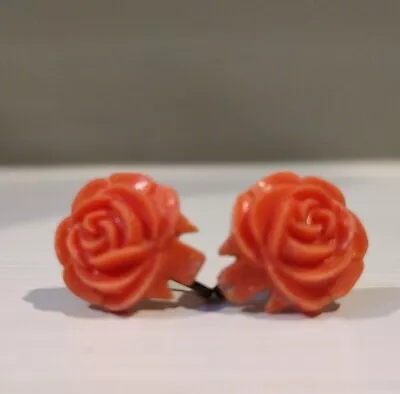 Vintage Sterling Silver Earrings Resin Coral Pink Rose Flower Screw Back • $20