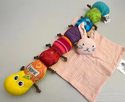 New Baby Sensory Bundle Tomy Lamaze Inchworm & Lily& Dan Pink Muslin Soother Toy • £6.99