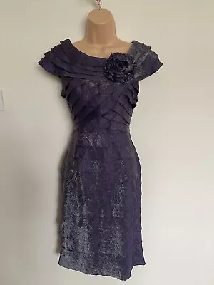 London Times Purple Ruffled Rosette Deco Shimmery Cocktail Cruise Dress Size 8 • £7.99