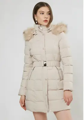 Zara Women's Beige Duck Down Filled Long Puffer Coat Faux Fur Hood Size M • $35