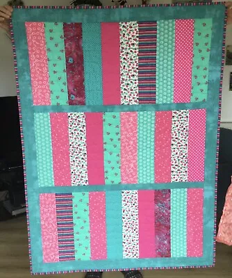 Handmade Patchwork Quilt - Throw Or Lap Quilt - Pink/ Turquoise - 40 X 54 1/2 In • £40