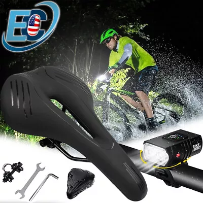 Comfort MTB Bike Bicycle Saddle Seat Soft Gel USB LED Headlight Front Rear Lamp • $18.99