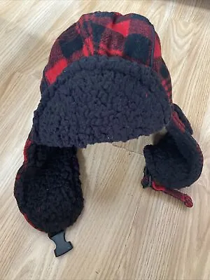 SoulCal&Co New Mens Red/Black Tartan Trapper Hat With Chin Clip RRP £24.99 • £9