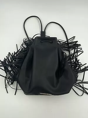 £15.82 • Buy Victoria’s Secret Fringe Drawstring Backpack Faux Leather Black Bag Pusre