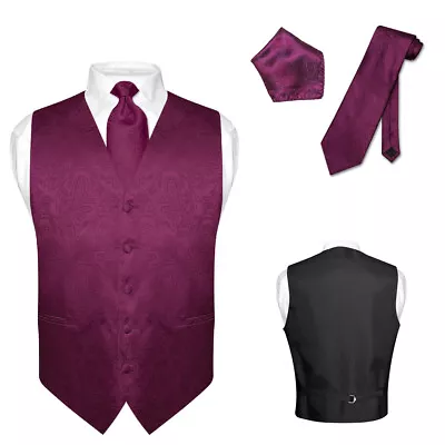 Men's Dress VEST NeckTie For Suit EGGPLANT PURPLE PAISLEY Design Tie Hanky Set • $27.95
