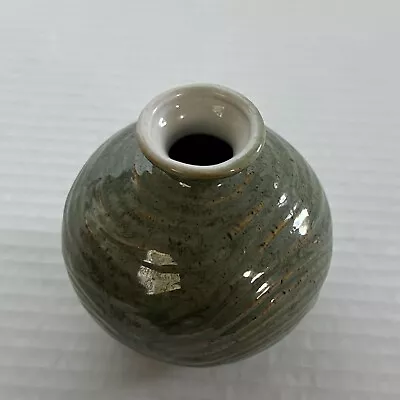 Vintage Stoneware Studio Art Pottery Mid Century Vase Teal Blue Tan Green Wavy • $28