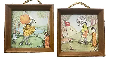 Hollie Hobby 1970s Golf Wood Vintage Framed Pictures With Gold Chain Set Of 2 • $21.90