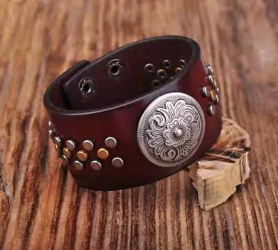 Mens Western Flower Concho Studded Wide Leather Wrap Wristband Bracelet Cuff • $10.86