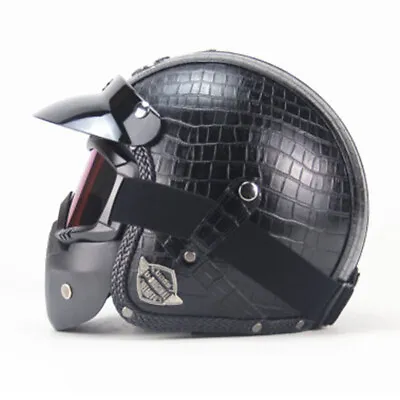 Leather 3/4 Face Motocycle Helmet Off Road ATV Street Moto Helmet Free Mask DOT • $65.75