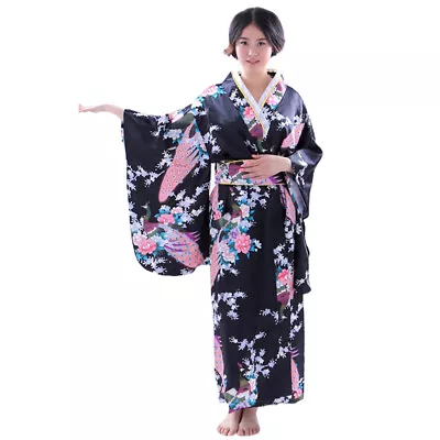 Women Printed  Japanese Kimono Satin Robe Yukata Geisha Costume Cosplay Outfit • $38.62