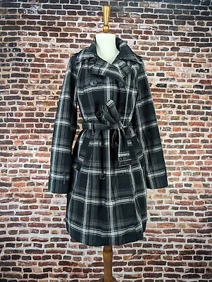 Merona Black Plaid Trench Coat Women's Ladies Size Medium Belted Jacket Cotton • $15