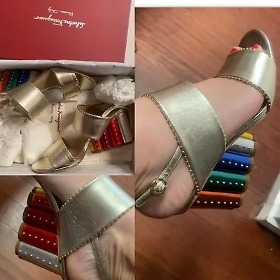 💜💜💜 $1000 SALVATORE FERRAGAMO Gavi Wedge Sandal 6cm Leather AU 7.5 EUR 38.5 • $399