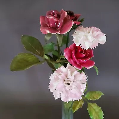 Vintage Handmade Porcelain Bone China Long Stem 3 Wine Roses & 2 Pink Carnation • $24.50