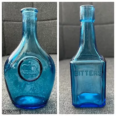 2 Vintage Wheaton NJ Blue Glass Bottles “Bitters  6” & Crown Bottle 6” • $21