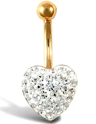 9ct Gold Belly Bar White Crystal Heart  Solid 9 Carat Yellow Gold BRAND NEW • £64.75