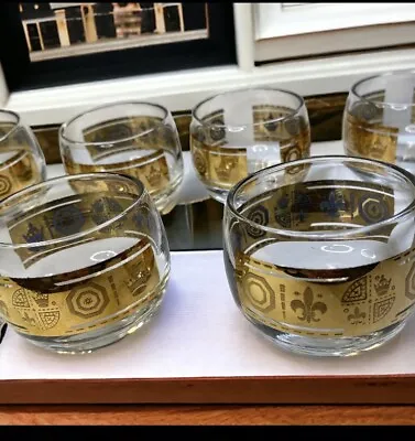 8 Bar Glasses Vintage Vito Bari 22k Gold Fleur De Lis & Crown Low Ball Roly Poly • $40