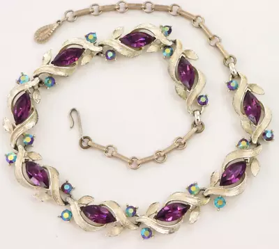 Vintage Lisner Marquise Purple AB AuroraBorealis Rhinestone Necklace Floral Leaf • $44.95