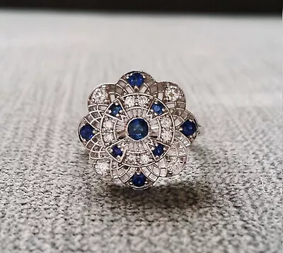 14K White Gold Vintage Filigree Engagement Ring 1.3Ct Cubic Zircon Sapphire Ring • $196.29