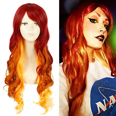 Starfire 27  Long Curly Wavy Gradient Fire Red Ombre Cosplay Wig Halloween Wigs • $16.21
