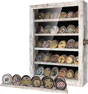 Challenge Coin Display Case 60 Pcs Rustic White Military Cabinet Wood Shadow Box • $69.99
