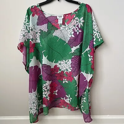 Monroe & Main V-Neck Tunic Cover Up Tropical Floral Leaf Green Purple Pink 1X/2X • $18