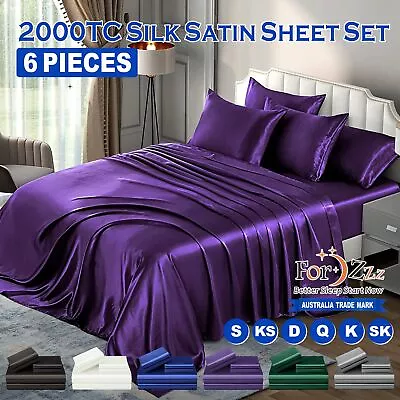 Luxury 6 Piece Art Silk Satin Flat Fitted Sheet Set Single Double Queen King Bed • $42.79