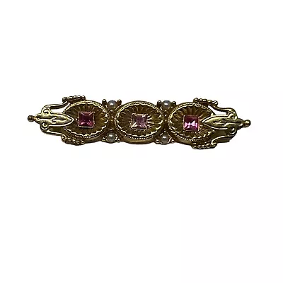 Vintage Bar Brooch Faux Pearl And Pink Rhinestone Gold Tone Pin • $10.99