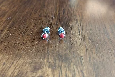Vintage 925 Sterling Silver Jewelry Red Coral Tiny Stud Earrings J6 • $19.99