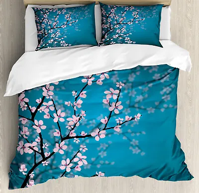 Japanese Duvet Cover Set With Pillow Shams Spring Sakura Flowers Print • $89.99