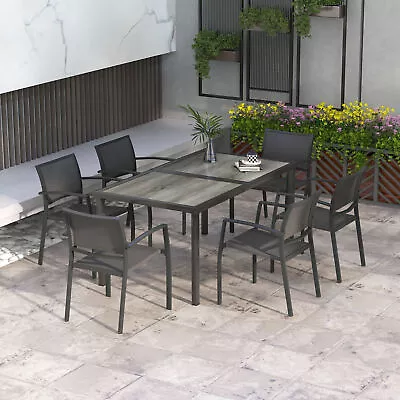 7 Pieces Patio Dining Set 6 Seater Outdoor Table And Stackable Chairs Grey • £279.99