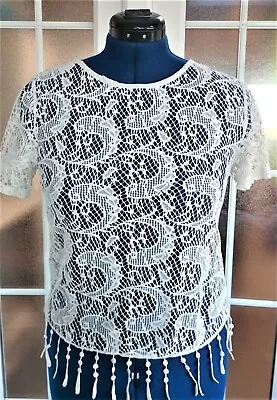 £9.22 • Buy Light Cream CROCHET Fringe Tassel CROP Top  UK 12 Overtop See-thru SOFT T-shirt