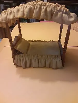 Vintage Miniature Dollhouse CANOPY Wooden Bed With Mattress & Bedspread Toncoss? • $10