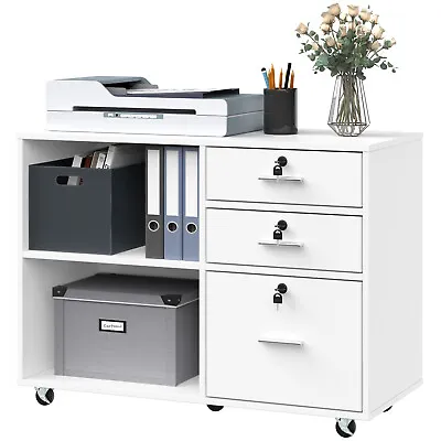 $109.99 • Buy White File Cabinet Wood 3 Drawer Mobile Lateral Stand Filing Cabinet W/ Shelves