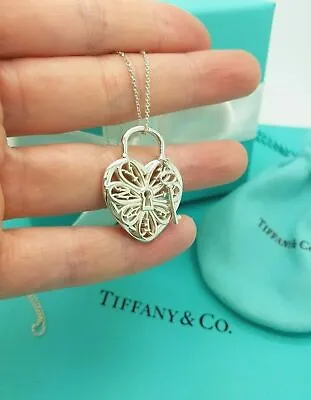 £474.99 • Buy Authentic Tiffany & Co. Silver Filigree LARGE Heart Key Pendant 18  Necklace