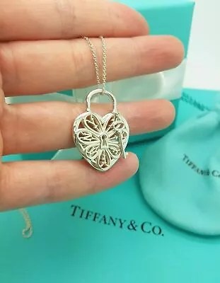 £474.99 • Buy Authentic Tiffany & Co. Silver Filigree LARGE Heart Key Pendant 18  Necklace