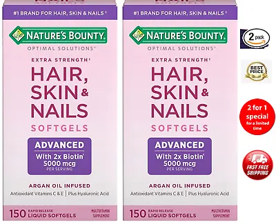 2 Pack Hair Skin Nails Rapid Release 300 Softgels With 2x Biotin Argan-Infused • $27.70