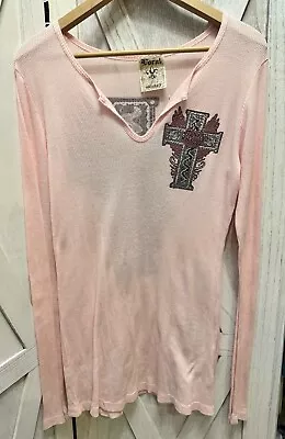 New Vocal Apparel Womens Crystal Pink Cross Flower Rhinestone Shirt XL XLarge • $15