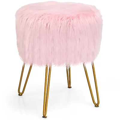 Costway Faux Fur Vanity Chair Makeup Stool Furry Padded Seat Round Ottoman Pink • $49.99