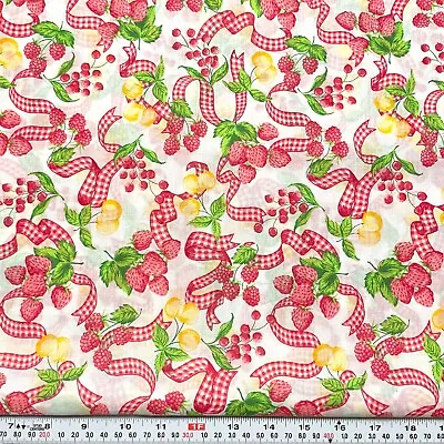 Vintage Fruits And Gingham Ribbons Cotton Blend Fabric By The HALF YARD 18x45 • $14.99