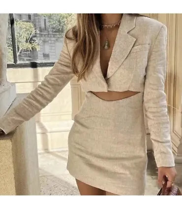 🌿NEW ZARA Limited Edition Linen Cut Out Blazer Mini Dress Light Tan Size M • £50