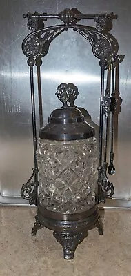 Meriden B Co. Silverplate & Glass Victorian Pickle Castor W/Holder & Tongs • $138