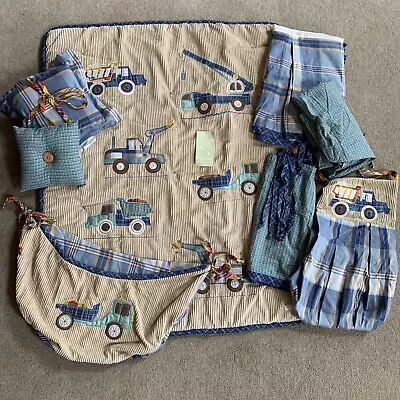 8 Piece Crib Bedding Baby Boy Construction Dump Trucks Crane Loader Blue & Tan • $149