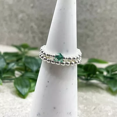 Sterling Silver May Birthstone Ring Emerald Green Stretch Beaded Stacking • $11.37