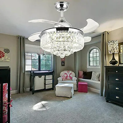 42  Crystal Chandelier Invisible Ceiling Fan 3-Color LED Light Remote Control • $119
