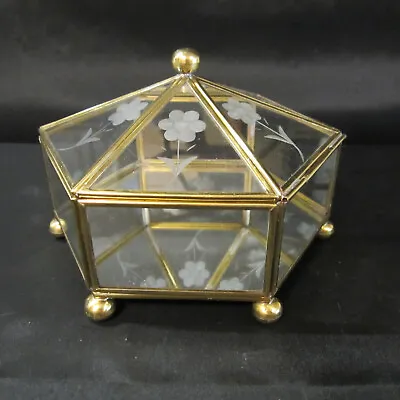 Vintage Trinket Display Box #17 Brass And Glass Etched Flowers Footed Hexagon • $15