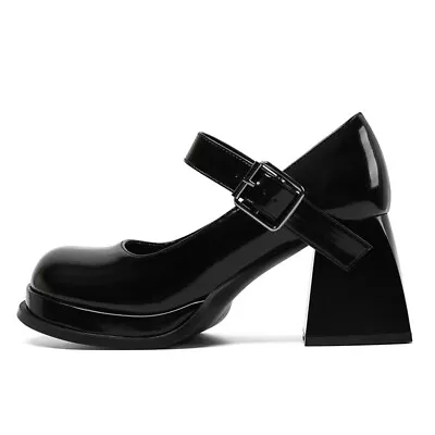 Women's Retro Block High Heels Black Chic Leather Ankle Strap Mary Jane Shoes • $79.45