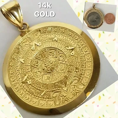 $524.98 • Buy GOLd Aztec Azteca Calendar Pendant 14k Solid Necklace Mexico Mayan Oro Big Large
