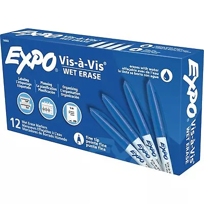 EXPO Vis-A-Vis Wet-Erase Fine-Tip Markers Blue Box Of 12 • $15.07