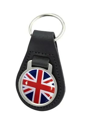 Union Jack Flag Quality Black Leather Round Keyring • £4.99