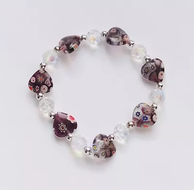 Stunning Purple Millefiori Glass  Heart White Crystal Bracelet With A Twinkle.-) • £4.99